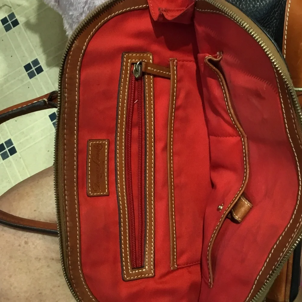 Dooney & Bourke Black Leather Satchel with Brown Trim and Handles